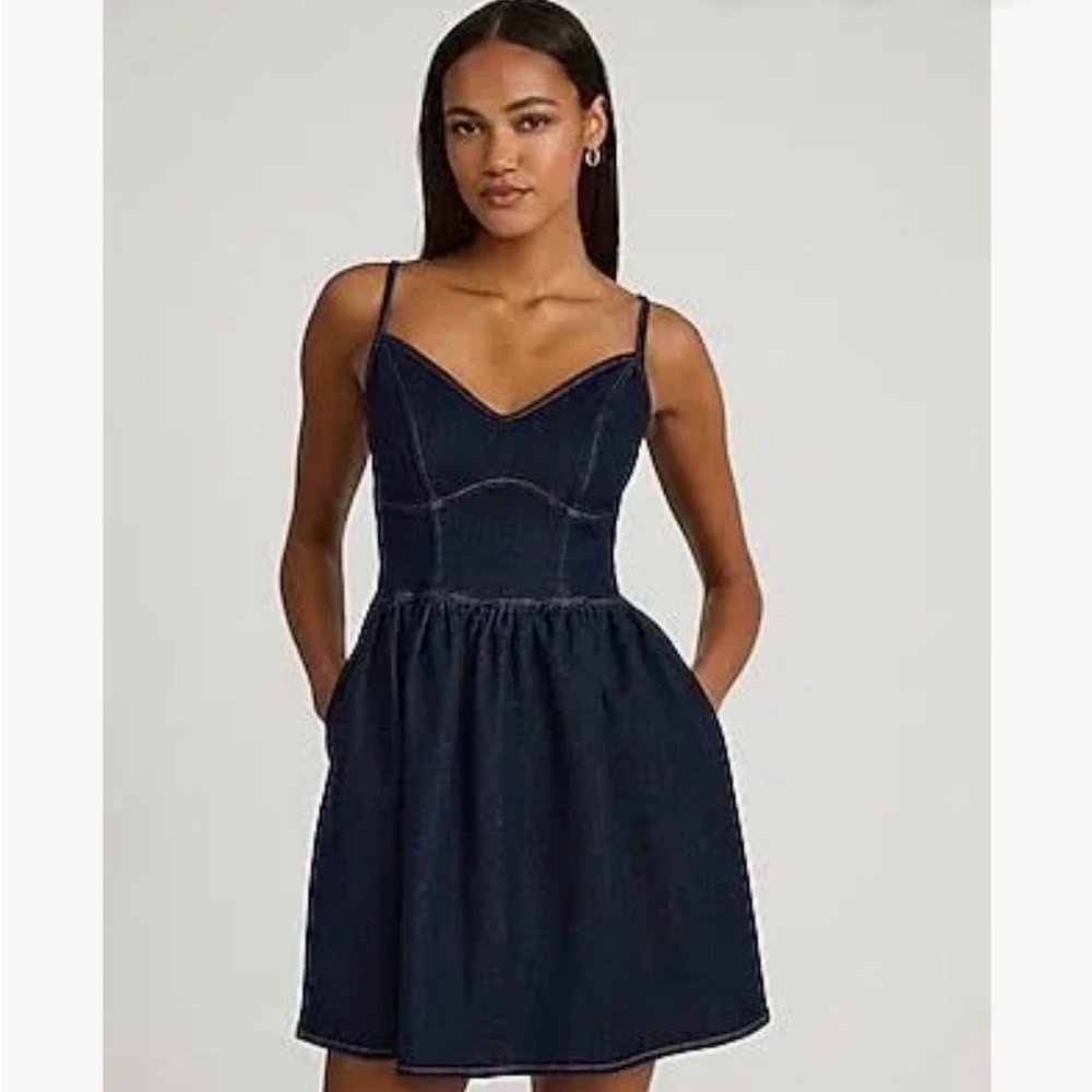 Express Dark Blue flare corset fit Mini Dress with pockets